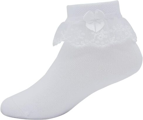 Snegyu Girls Ruffle School Socks Kids Ankle Socks White Frilly Lace Trim Cotton Socks with Bows 3-16 Years in Saudi Arabia