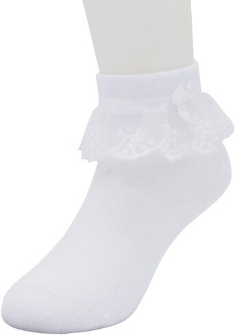 Snegyu Girls Ruffle School Socks Kids Ankle Socks White Frilly Lace Trim Cotton Socks with Bows 3-16 Years in Saudi Arabia