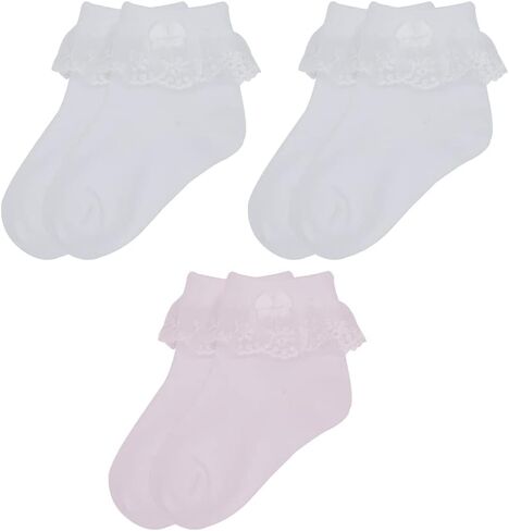 Snegyu Girls Ruffle School Socks Kids Ankle Socks White Frilly Lace Trim Cotton Socks with Bows 3-16 Years in Saudi Arabia