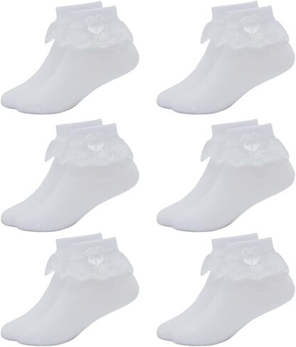 Snegyu Girls Ruffle School Socks Kids Ankle Socks White Frilly Lace Trim Cotton Socks with Bows 3-16 Years in Saudi Arabia