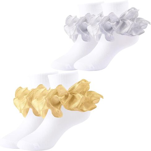 hakugoo Girls Ruffle Socks Shiny Double Big Lace Socks 2/3 Pairs Toddler Turn Cuff Socks Girls Frilly Dress Pageant Socks in Kuwait