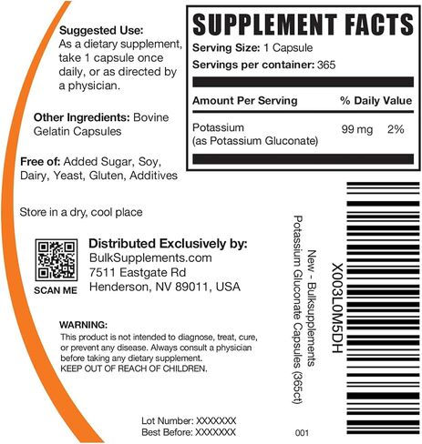 BulkSupplements.com Potassium Gluconate Capsules - Potassium Gluconate Supplement, Potassium Gluconate 595mg, Potassium Pills - Gluten Free, 1 Capsule per Serving, 365 Capsules in Saudi Arabia