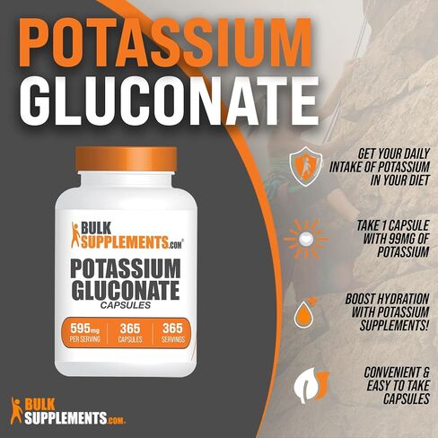 BulkSupplements.com Potassium Gluconate Capsules - Potassium Gluconate Supplement, Potassium Gluconate 595mg, Potassium Pills - Gluten Free, 1 Capsule per Serving, 365 Capsules in Saudi Arabia