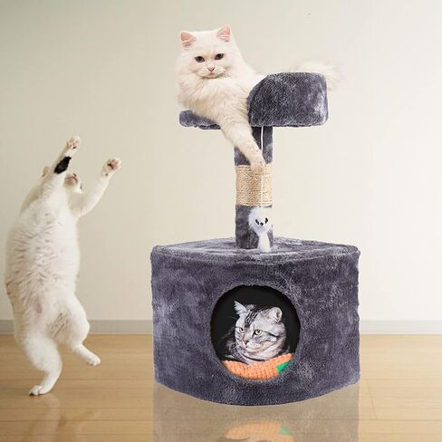 Cat Tree for Small Cat, Grey Cute Cat Tower Scratching Posts for Indoor Cats Two Storey Cat Jumping Platform Cat Bed Toys Pet Play House in Kuwait