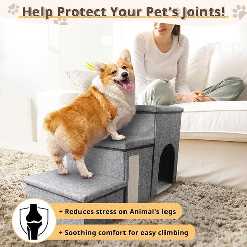 سلالم كلب قابلة للطي للكلاب الصغيرة/القطط/الجراء، سلالم للحيوانات الأليفة من 3 خطوات مع صندوق تخزين ومسكن للحيوانات الأليفة للأسرة العالية والأريكة وعتبة النافذة تحمل ما يصل إلى 100 رطل من الحيوانات الأليفة in Kuwait