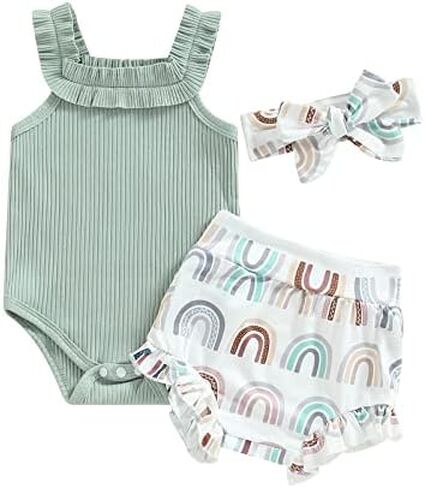 Newborn Baby Girl Summer Clothes Sleeveless Romper Bodysuit Tops Floral Ruffle Shorts+Headband 3pcs Baby Outfits in Kuwait