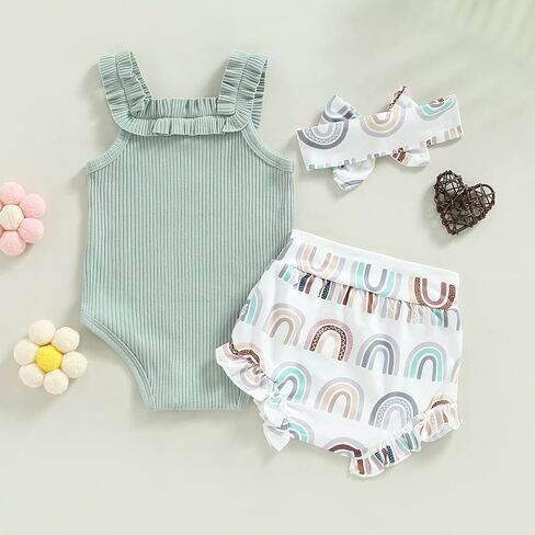 Newborn Baby Girl Summer Clothes Sleeveless Romper Bodysuit Tops Floral Ruffle Shorts+Headband 3pcs Baby Outfits in Kuwait