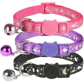 سلاسون طوق قطط قابل للفصل مع جرس وقمر ونجمة وعظام سمكة، اطواق قطط تتوهج في الظلام وقابلة للتعديل من 7.5 الى 11.4 انش، ارجواني، زهري، اسود، عبوة من 3 قطع in Kuwait