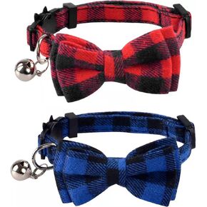 2 Pack/Set Cat Collar Breakaway with Cute Bow Tie and Bell for Kitty Adjustable Safety Plaid, Red&Blue in Saudi Arabia