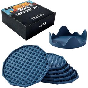 Coga Drink Coasters Set of 6 with Holder, Silicone Coasters Tabletop Protection for Any Table Type, Wood, Stone Tables, Dishwasher Safe, Coasters for Drinks Fits Any Size of Drinking Glasses-Blue