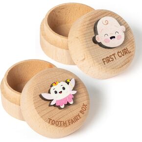 CJiangpo 2Pcs Wooden Baby Keepsake Box for First Tooth and Curl, 3D Tooth Fairy Box Place Under Pillow First Haircut Keepsake Lost Tooth Holder Baby Toddler Teeth Case for Baby Shower Birthday Gifts in Kuwait