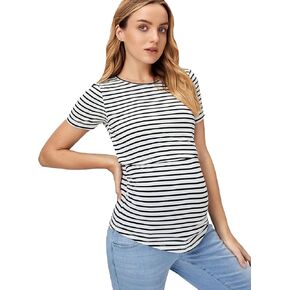 OYOANGLE Women's Maternity Striped Print Round Neck Tops Short Sleeve Nursing Tee Shirts