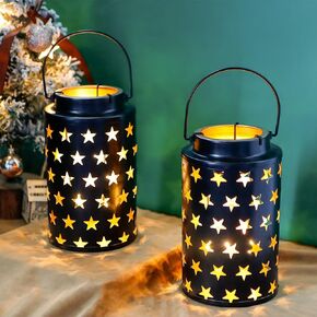 مجموعة JHY DESIGN مكونة من 2 حامل شموع معدنية بطول 20.32 سم ارتفاعًا فوانيس شموع معدنية معلقة مع مقبض للفناء والحديقة والممر الخارجي والمناظر الطبيعية والحديقة (نجوم مجوفة) in Kuwait