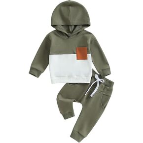 Ynibbim 0-3T Toddler Boys 2PCS Sweatshirt Patchwork Hoodie Fall Outfits Long Sleeve Contrast Color Tops Drawstring Pants Sets