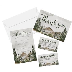 Yuansail Baby Shower Invitation Set, Fill In Invites Cards, Books For Baby, Diaper Raffle, Thank You, The Adveture Begins, Each Design 25 Cards & Envelopes (Total 100 Cards) – (bb003-taozhuang)