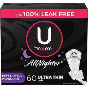 فوط U من Kotex AllNighter النسائية الليلية الثقيلة للغاية مع أجنحة، رفيعة للغاية، 60 قطعة (3 عبوات من 20) (قد تختلف التعبئة) in Kuwait