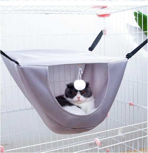 BATTIPAW Cat Cage Hammock, Hanging Pet Bed, Breathable Pet Cage Hammock with Adjustable Straps, Suitable for Indoor Cats Kitten Hamster Rabbit, Thickened Air Mesh Fabric, 2 PCS, Grey, Off White in Kuwait