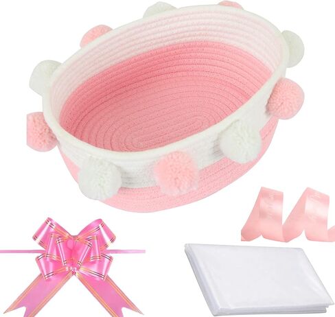 RengaoRise Small Pink Basket with Pompoms, 10.6" x 9.8" x 4.3" Oval Decorative Cute Cotton Rope Woven Baby Basket for Books, Pet Toy, Gifts, Desktop Shelf Storage Organizer in Kuwait