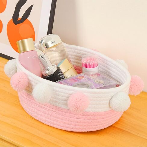 RengaoRise Small Pink Basket with Pompoms, 10.6" x 9.8" x 4.3" Oval Decorative Cute Cotton Rope Woven Baby Basket for Books, Pet Toy, Gifts, Desktop Shelf Storage Organizer in Kuwait