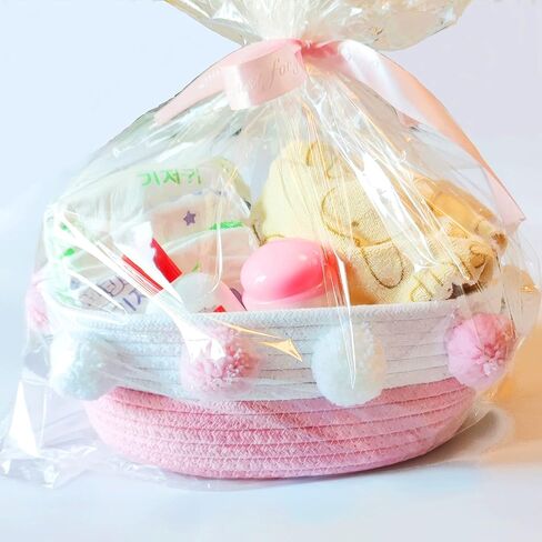 RengaoRise Small Pink Basket with Pompoms, 10.6" x 9.8" x 4.3" Oval Decorative Cute Cotton Rope Woven Baby Basket for Books, Pet Toy, Gifts, Desktop Shelf Storage Organizer in Kuwait