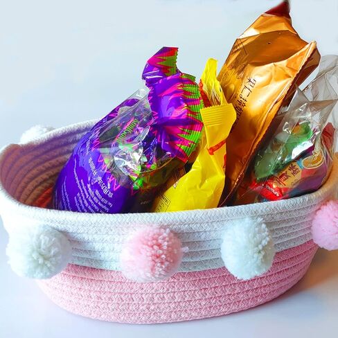 RengaoRise Small Pink Basket with Pompoms, 10.6" x 9.8" x 4.3" Oval Decorative Cute Cotton Rope Woven Baby Basket for Books, Pet Toy, Gifts, Desktop Shelf Storage Organizer in Kuwait