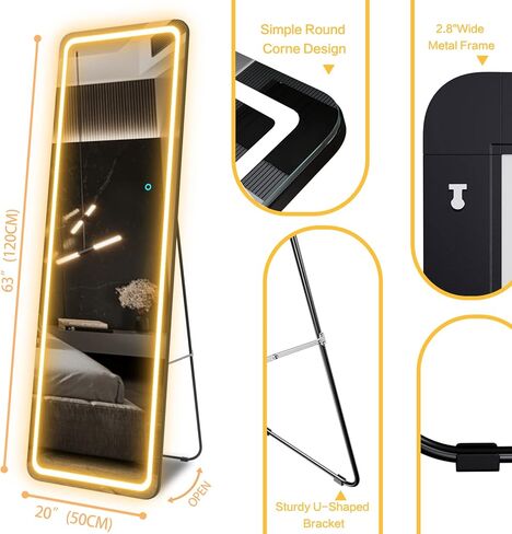 EDTEMI مرآة كاملة الطول مضاءة 63 بوصة × 20 بوصة، مرآة للجسم مع أضواء LED مرآة معلقة مثبتة على الحائط، مرآة كاملة الحجم لغرفة النوم مع تعتيم و3 أوضاع ألوان (أسود) in Kuwait