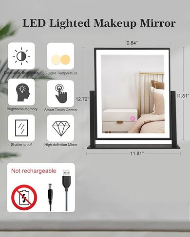 مرآة فانيتي مع أضواء، مرآة مكياج بإضاءة LED على سطح الطاولة، تحكم ذكي باللمس، أوضاع إضاءة 3 ألوان قابلة للتعتيم بدون خطوات، ذاكرة، دوران 360 درجة، هدية للنساء/الفتيات in Saudi Arabia