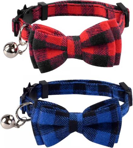 2 Pack/Set Cat Collar Breakaway with Cute Bow Tie and Bell for Kitty Adjustable Safety Plaid, Red&Blue in Saudi Arabia