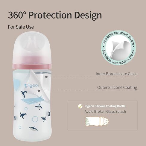Pigeon Silicone Coating (Glass Inside/Silicone Outside) Baby Bottle, Wide Neck, Streamlined Body, Natural Feel, Easy to Clean, Heat-Resistant, 8 Oz (Pack of 2), Includes 2 pcs M Nipples (3m+) in Kuwait