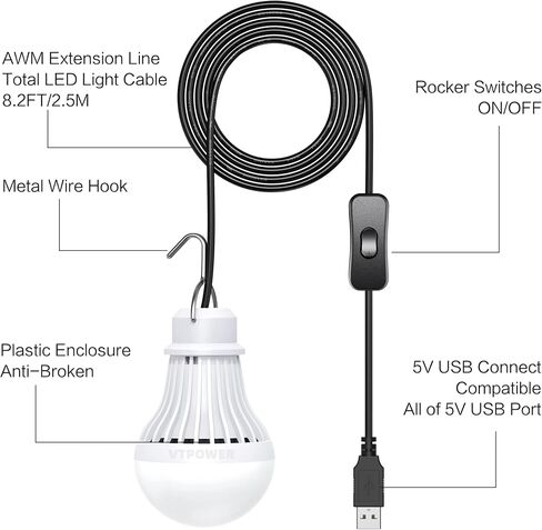 USB LED Light Bulb Camping Latern Outdoor Light with Simple Switch, Portable LED Bulb 5V 5W for Garage Warehouse Car Truck Fishing Boat Outdoor Emergency Light White Lamp 2.5m/8.2ft… in Kuwait
