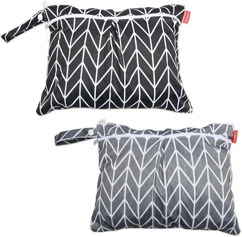 Damero 2pcs Travel Wet and Dry Bag with Handle for Cloth Diaper, Pumping Parts, Clothes, Swimsuit and More, Easy to Grab and Go (Large, Gray Srips+ Black Strips) in Saudi Arabia