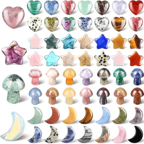 60 Pieces Crystal Mushroom Sculpture Heart Shaped Crystals Moon Crystal Star Crystal Stones Bulks Worry Stones Assorted Hand Making Palm Thumb Gemstones for Witchcraft Meditation Reiki (Classic Style) in Saudi Arabia
