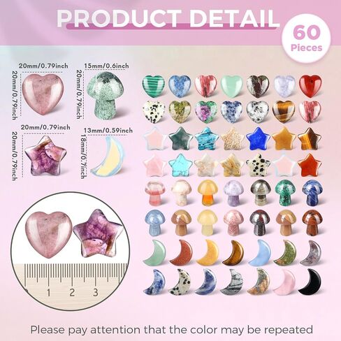 60 Pieces Crystal Mushroom Sculpture Heart Shaped Crystals Moon Crystal Star Crystal Stones Bulks Worry Stones Assorted Hand Making Palm Thumb Gemstones for Witchcraft Meditation Reiki (Classic Style) in Saudi Arabia