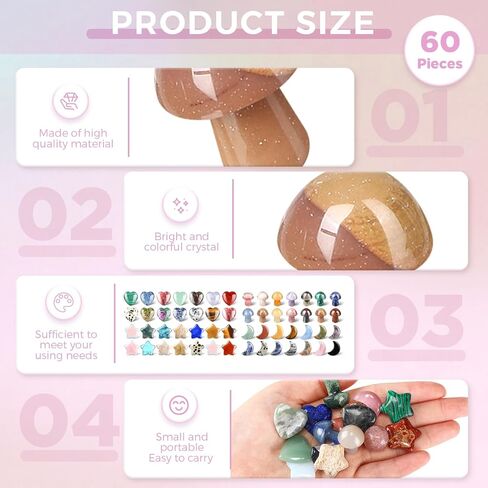 60 Pieces Crystal Mushroom Sculpture Heart Shaped Crystals Moon Crystal Star Crystal Stones Bulks Worry Stones Assorted Hand Making Palm Thumb Gemstones for Witchcraft Meditation Reiki (Classic Style) in Saudi Arabia