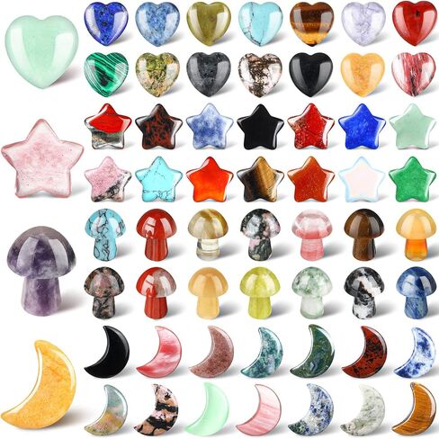 60 Pieces Crystal Mushroom Sculpture Heart Shaped Crystals Moon Crystal Star Crystal Stones Bulks Worry Stones Assorted Hand Making Palm Thumb Gemstones for Witchcraft Meditation Reiki (Classic Style) in Saudi Arabia