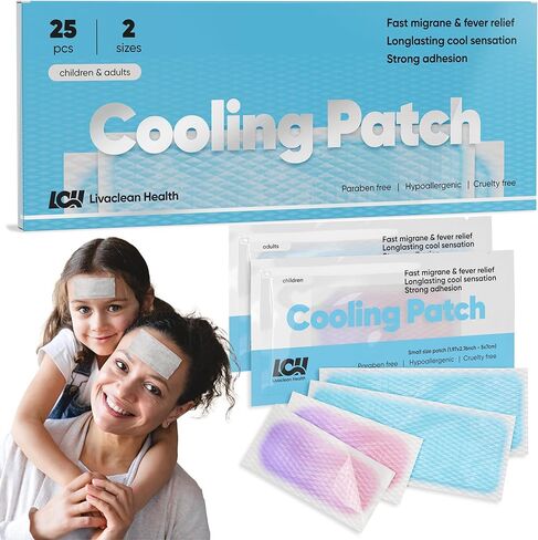LivaClean 25 Sheets Cooling Patches Pain Relief, Migraine & Fever - Cooling Relief Fever Reducer, Cool Fever Patch Kids, Cooling Patch, Baby Cooling Pad, Cooling Gel Pad, Fever Cooling Pads in Kuwait