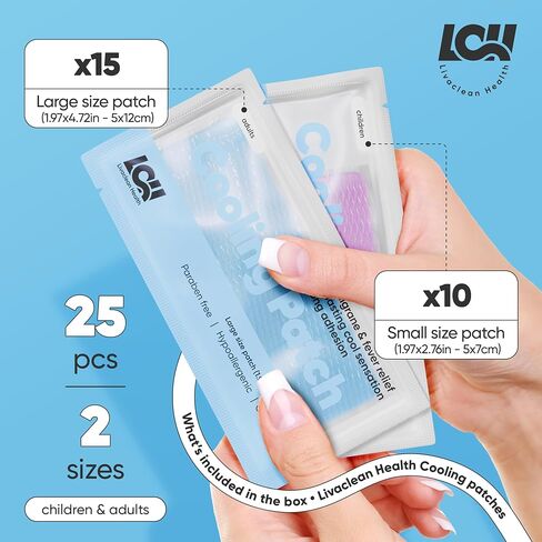 LivaClean 25 Sheets Cooling Patches Pain Relief, Migraine & Fever - Cooling Relief Fever Reducer, Cool Fever Patch Kids, Cooling Patch, Baby Cooling Pad, Cooling Gel Pad, Fever Cooling Pads in Kuwait
