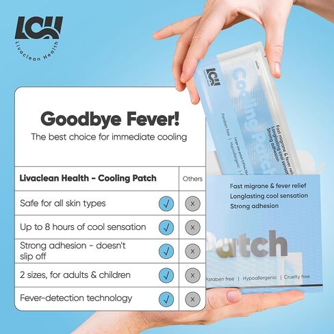 LivaClean 25 Sheets Cooling Patches Pain Relief, Migraine & Fever - Cooling Relief Fever Reducer, Cool Fever Patch Kids, Cooling Patch, Baby Cooling Pad, Cooling Gel Pad, Fever Cooling Pads in Kuwait