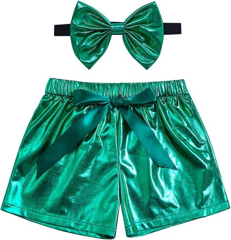 ZYBOUTIC Baby Girls Metallic Shorts Sparkle Shiny Toddler Shorts PU Faux Leather Shorts Elastic Waist with Cute Headbands in Saudi Arabia