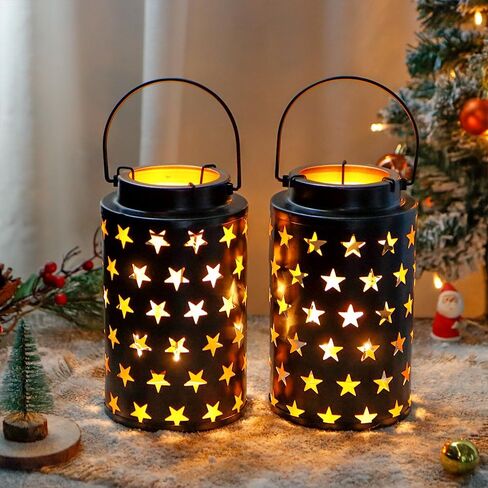 مجموعة JHY DESIGN مكونة من 2 حامل شموع معدنية بطول 20.32 سم ارتفاعًا فوانيس شموع معدنية معلقة مع مقبض للفناء والحديقة والممر الخارجي والمناظر الطبيعية والحديقة (نجوم مجوفة) in Kuwait