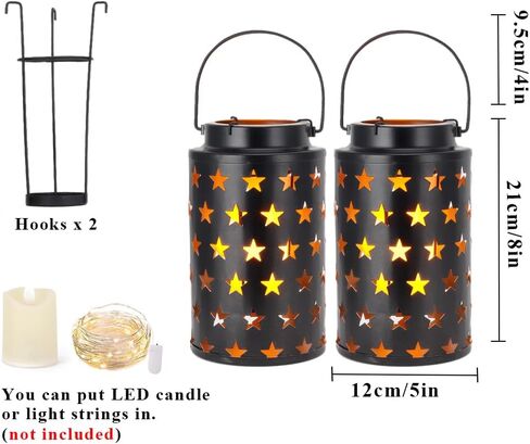 مجموعة JHY DESIGN مكونة من 2 حامل شموع معدنية بطول 20.32 سم ارتفاعًا فوانيس شموع معدنية معلقة مع مقبض للفناء والحديقة والممر الخارجي والمناظر الطبيعية والحديقة (نجوم مجوفة) in Kuwait