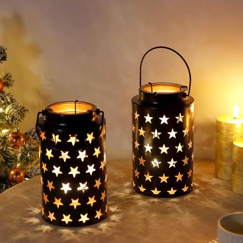 مجموعة JHY DESIGN مكونة من 2 حامل شموع معدنية بطول 20.32 سم ارتفاعًا فوانيس شموع معدنية معلقة مع مقبض للفناء والحديقة والممر الخارجي والمناظر الطبيعية والحديقة (نجوم مجوفة) in Kuwait