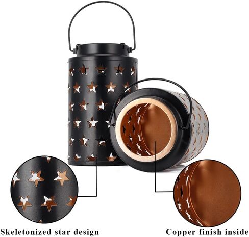 مجموعة JHY DESIGN مكونة من 2 حامل شموع معدنية بطول 20.32 سم ارتفاعًا فوانيس شموع معدنية معلقة مع مقبض للفناء والحديقة والممر الخارجي والمناظر الطبيعية والحديقة (نجوم مجوفة) in Kuwait