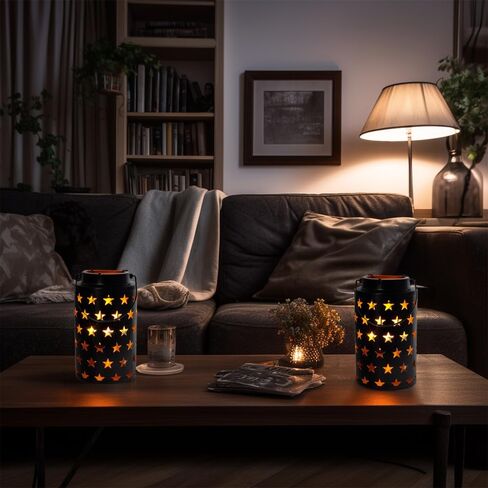 مجموعة JHY DESIGN مكونة من 2 حامل شموع معدنية بطول 20.32 سم ارتفاعًا فوانيس شموع معدنية معلقة مع مقبض للفناء والحديقة والممر الخارجي والمناظر الطبيعية والحديقة (نجوم مجوفة) in Kuwait