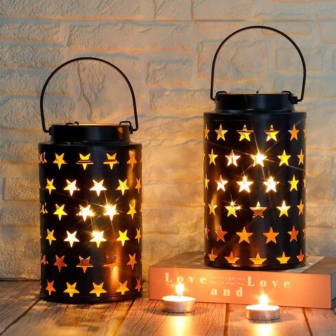 مجموعة JHY DESIGN مكونة من 2 حامل شموع معدنية بطول 20.32 سم ارتفاعًا فوانيس شموع معدنية معلقة مع مقبض للفناء والحديقة والممر الخارجي والمناظر الطبيعية والحديقة (نجوم مجوفة) in Kuwait