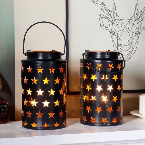 مجموعة JHY DESIGN مكونة من 2 حامل شموع معدنية بطول 20.32 سم ارتفاعًا فوانيس شموع معدنية معلقة مع مقبض للفناء والحديقة والممر الخارجي والمناظر الطبيعية والحديقة (نجوم مجوفة) in Kuwait