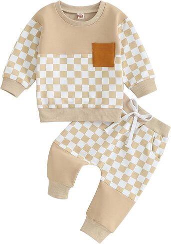 VSQWLZT Infant Toddler Baby Boy Fall Winter Outfits Long Sleeve Hoodie Shirts Plaid Patchwork Sweatshirt + Pants 2Pcs in Kuwait