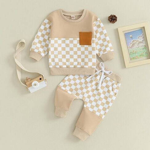 VSQWLZT Infant Toddler Baby Boy Fall Winter Outfits Long Sleeve Hoodie Shirts Plaid Patchwork Sweatshirt + Pants 2Pcs in Kuwait