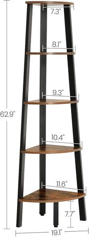خزانة الكتب الصناعية VASAGLE، رف زاوية مكون من 5 طبقات، أثاث خشبي ذو مظهر خشبي مع إطار معدني للمنزل والمكتب ULLS35X، 12.8 × 13.4 × 62.6 بوصة، بني ريفي in Kuwait