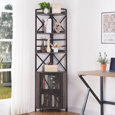 HOMBAZAAR رف زاوية 5 طبقات مع تخزين، رف كتب زاوية صناعية مع لوح قابل للتعديل، عرض ريفي لحامل رف الزاوية لغرفة المعيشة، المكتب المنزلي، غرفة النوم، مساحة صغيرة، رمادي in Kuwait